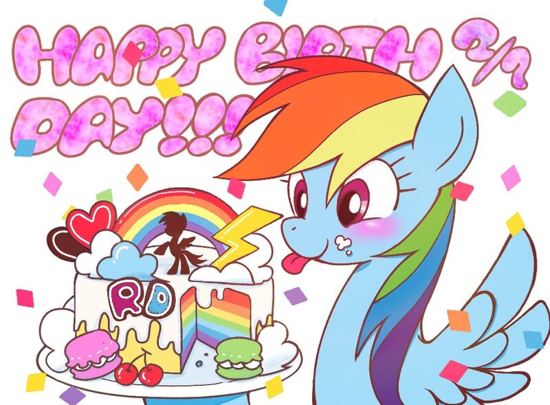 Size: 948x698 | Tagged: safe, artist:magi_karubi, derpibooru import, rainbow dash, pegasus, pony, birthday, blushing, cake, confetti, cute, dashabetes, female, food, happy birthday, image, jpeg, mare, rainbow dash day, rainbow dash's birthday, simple background, solo, spread wings, tongue out, white background, wings