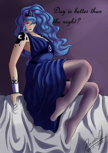 Size: 1240x1754 | Tagged: safe, artist:reminic, derpibooru import, princess luna, human, alternate hairstyle, armpits, bed, bedroom eyes, blanket, blushing, clothes, crown, cutie mark tattoo, dress, eyeshadow, female, humanized, image, jewelry, jpeg, lipstick, looking at you, makeup, regalia, socks, solo, stocking feet, stockings, tattoo, thigh highs