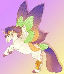 Size: 1390x1619 | Tagged: safe, artist:seffiron, derpibooru import, oc, oc:shimmering tales, alicorn, pony, colored wings, image, magical lesbian spawn, multicolored wings, offspring, parent:captain celaeno, parent:twilight sparkle, png, solo, tail feathers, wings