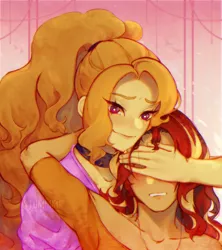 Size: 1200x1350 | Tagged: safe, artist:stummm, derpibooru import, adagio dazzle, sunset shimmer, equestria girls, adoragio, blushing, choker, cute, embarrassed, female, hand, holiday, hug, image, jewelry, lesbian, looking at you, necklace, png, shimmerbetes, shipping, smiling, smiling at you, sunsagio, teasing