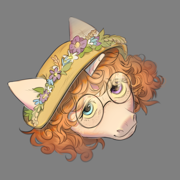 Size: 2000x2000 | Tagged: safe, artist:angry_platypus, derpibooru import, oc, unofficial characters only, pony, unicorn, curly hair, cute, female, floral head wreath, flower, freckles, glasses, hat, heterochromia, image, mare, png, simple background, solo