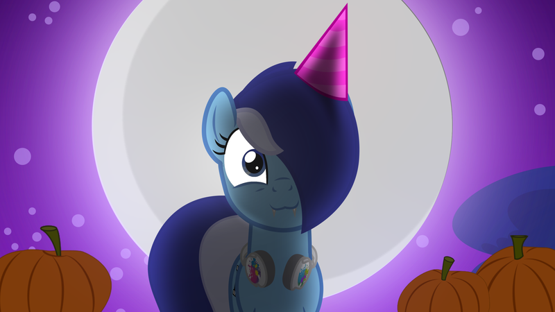 Size: 1920x1080 | Tagged: safe, artist:bastbrushie, derpibooru import, oc, oc:brushie brusha, birthday, blue mane, eye, eyes, halloween, happy, hat, headphones, holiday, image, mane, moon, night, png, pumpkin, smiling, tail, tree