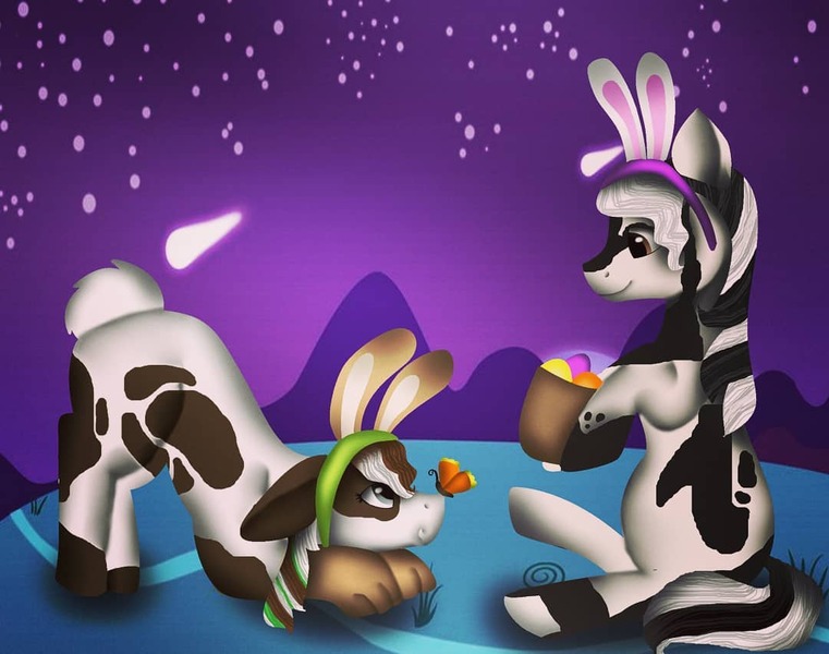 Size: 1080x851 | Tagged: safe, artist:rxndxm.artist, derpibooru import, oc, unofficial characters only, butterfly, earth pony, insect, pony, basket, bunny ears, commission, duo, earth pony oc, face down ass up, image, jpeg, night, outdoors, smiling, stars, ych result