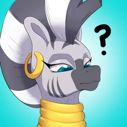 Size: 2200x2200 | Tagged: safe, artist:aquaticvibes, derpibooru import, zecora, pony, zebra, bust, ear piercing, earring, female, gradient background, high res, image, jewelry, lidded eyes, looking down, mare, neck rings, piercing, png, portrait, quadrupedal, question mark