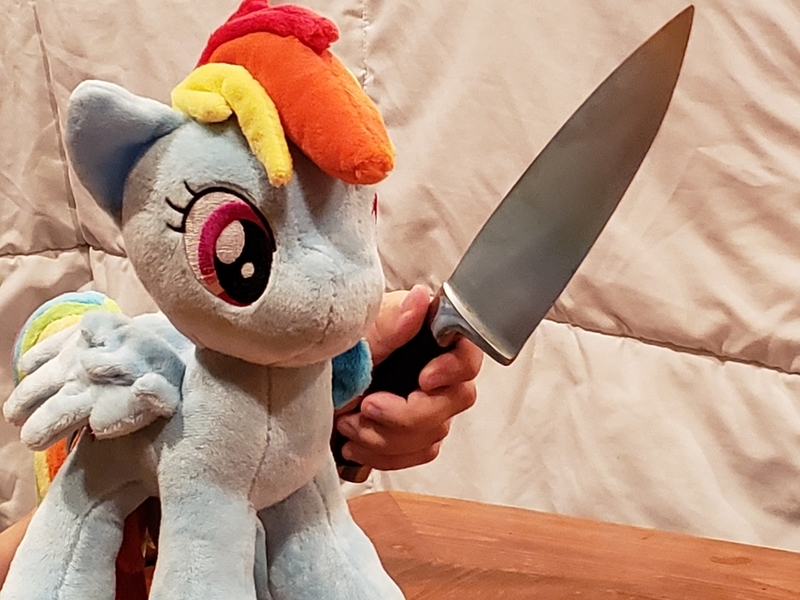 Size: 882x661 | Tagged: safe, derpibooru import, rainbow dash, pegasus, pony, delet this, hand, image, irl, jpeg, knife, photo, plushie, solo