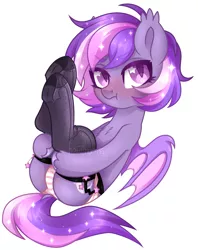 Size: 1247x1572 | Tagged: suggestive, artist:hawthornss, derpibooru import, oc, oc:midnight mist, bat pony, pony, blushing, clothes, cute, ear fluff, frog (hoof), garter belt, image, looking at you, png, pouting, simple background, socks, stockings, thigh highs, underhoof, white background