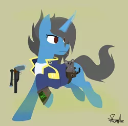 Size: 3416x3370 | Tagged: safe, artist:samsailz, derpibooru import, oc, cat, pony, unicorn, fallout equestria, 21, badass, bag, commission, cute, fallout, female, gas, gun, image, lineless, magic, pipboy, png, saddle bag, smoke, solo, toothpick, weapon