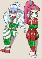 Size: 641x893 | Tagged: safe, artist:nivek15, derpibooru import, edit, editor:thomasfan45, sour sweet, sugarcoat, human, equestria girls, 2 girls, annoyed, arm behind back, bondage, bound and gagged, bow, button, christmas, cloth gag, clothes, cropped, cute, duo, duo female, female, femsub, fetish, footed sleeper, footie pajamas, gag, gift wrapped, glasses, holiday, image, jpeg, looking at you, onesie, otn gag, over the nose gag, pajamas, pigtails, ponytail, ribbon, sitting, sour sweet is not amused, soursub, submissive, sugarsub, tied up, twintails