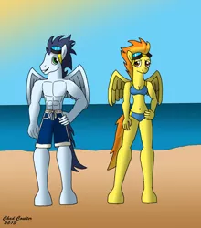 Size: 2244x2546 | Tagged: safe, artist:baroquewolfe, derpibooru import, soarin', spitfire, anthro, unguligrade anthro, abs, beach, bikini, blue swimsuit, breasts, cleavage, clothes, goggles, hand on hip, image, jpeg, muscles, partial nudity, shorts, sky, sun, swimming trunks, swimsuit, topless, wings