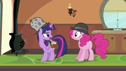 Size: 994x559 | Tagged: safe, derpibooru import, screencap, pinkie pie, twilight sparkle, earth pony, pony, unicorn, mmmystery on the friendship express, bubble pipe, deerstalker, detective, duo, duo female, female, hat, hoof hold, image, jpeg, open mouth, pipe, sherlock hat, sherlock holmes, sherlock sparkle, train, unicorn twilight, watson