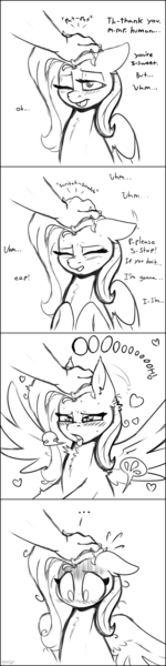 Size: 756x3015 | Tagged: questionable, artist:skoon, derpibooru import, fluttershy, human, pegasus, accidental orgasm, accidental stimulation, ahegao, black and white, blushing, comic, embarrassed, female, female orgasm, grayscale, head pat, image, implied orgasm, messy mane, monochrome, open mouth, orgasm, pat, patgasm, petting, png, shame, simple background, sketch, tongue out