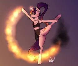 Size: 1700x1446 | Tagged: safe, artist:plaguemare, derpibooru import, oc, oc:pyro mane, unofficial characters only, pony, unicorn, ballet, belly button, blue eyes, bra, bralette, clothes, dancing, ear piercing, earring, eyeshadow, female, fire, flexible, gauges, glowing horn, horn, image, jewelry, magic, makeup, mare, necklace, piercing, png, ponytail, purple eyeshadow, purple mane, purple tail, pyromancy, see-through, see-through skirt, skirt, solo, standing, standing on one leg, underwear, yoga