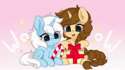 Size: 4096x2304 | Tagged: safe, artist:yomechka, derpibooru import, oc, oc:eula phi, oc:vird-gi, oc:virginia, unofficial characters only, pony, unicorn, bow, candy, candy cane, cute, duo, food, image, jpeg, present, smiling