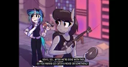 Size: 2000x1050 | Tagged: safe, artist:provolonepone, derpibooru import, octavia melody, vinyl scratch, anthro, earth pony, robot, unicorn, city, clothes, cyberpunk, dress, gun, handgun, image, implied lesbian, implied shipping, mafia, mafia octavia, necktie, pistol, png, tommy gun, weapon