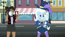Size: 8000x4500 | Tagged: safe, artist:metalhead97, derpibooru import, trixie, oc, oc:calypso kiosko, equestria girls, equestria girls series, street magic with trixie, spoiler:eqg series (season 2), camera, canterlot high, cap, clothes, commission, eyes closed, female, hat, hawaiian shirt, holding, image, leaning, library, magician, magician outfit, male, outfit, png, shirt, shorts, show accurate, top hat