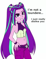 Size: 1100x1400 | Tagged: safe, artist:nekojackun, derpibooru import, aria blaze, equestria girls, adorasexy, aria flat, ariabetes, belly button, blatant lies, breasts, clothes, corset, cute, delicious flat chest, dialogue, eyelashes, eyeshadow, female, hand on hip, image, jpeg, looking at you, makeup, midriff, pigtails, raised eyebrow, sexy, simple background, sleeveless, solo, stupid sexy aria blaze, talking to viewer, text, tsundaria, tsundere