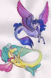 Size: 1988x3015 | Tagged: safe, artist:sagastuff94, derpibooru import, princess skystar, twilight sparkle, twilight sparkle (alicorn), alicorn, pony, seapony (g4), my little pony: the movie, bubble, curly hair, dorsal fin, female, fin wings, fins, fish tail, flower, flower in hair, flowing mane, flowing tail, freckles, horn, image, jewelry, looking at each other, necklace, open mouth, pearl necklace, png, seaponified, seapony twilight, signature, simple background, smiling, species swap, spread wings, swimming, tail, traditional art, watercolor painting, wings