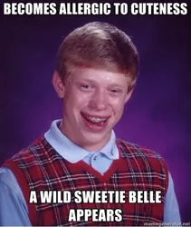 Size: 400x473 | Tagged: safe, derpibooru import, sweetie belle, human, bad luck brian, barely pony related, caption, exploitable meme, image, image macro, implied heart attack, irl, irl human, jpeg, meme, photo, pokémon, text
