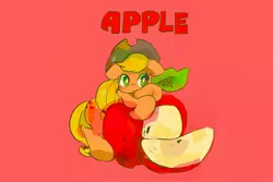 Size: 1156x771 | Tagged: safe, artist:osawari64, derpibooru import, applejack, earth pony, pony, apple, apple slice, cute, female, floppy ears, food, image, jackabetes, jpeg, mare, red background, simple background, solo