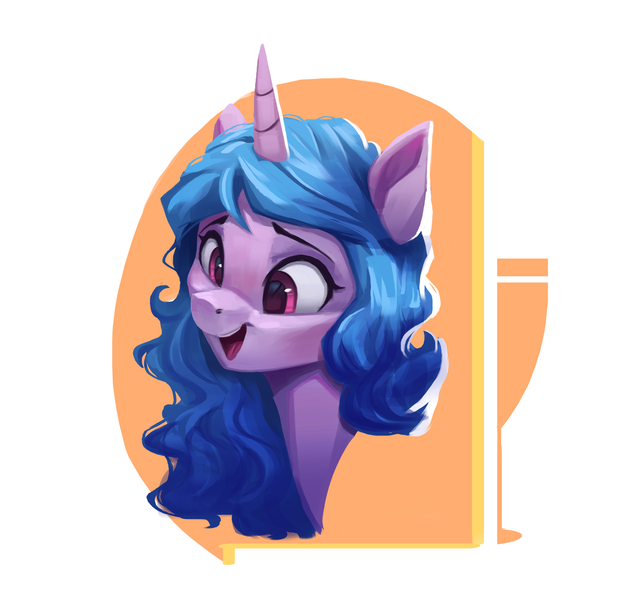 Size: 2533x2432 | Tagged: safe, artist:vanillaghosties, derpibooru import, izzy moonbow, pony, unicorn, abstract background, bust, female, g5, image, open mouth, png, portrait, smiling, solo