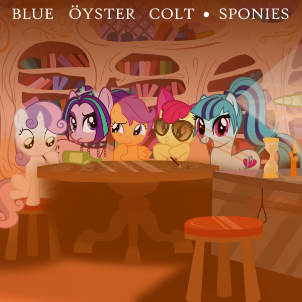 Size: 2000x2000 | Tagged: safe, artist:cyanlightning, artist:doctor-g, artist:grapefruitface1, artist:osipush, derpibooru import, apple bloom, aria blaze, scootaloo, sonata dusk, sweetie belle, ponified, pony, album cover, blue oyster cult, bottle, candle, cutie mark crusaders, duckface, egg timer, equestria girls ponified, golden oaks library, image, library, looking at you, offscreen character, png, ponified album cover, sunglasses, table