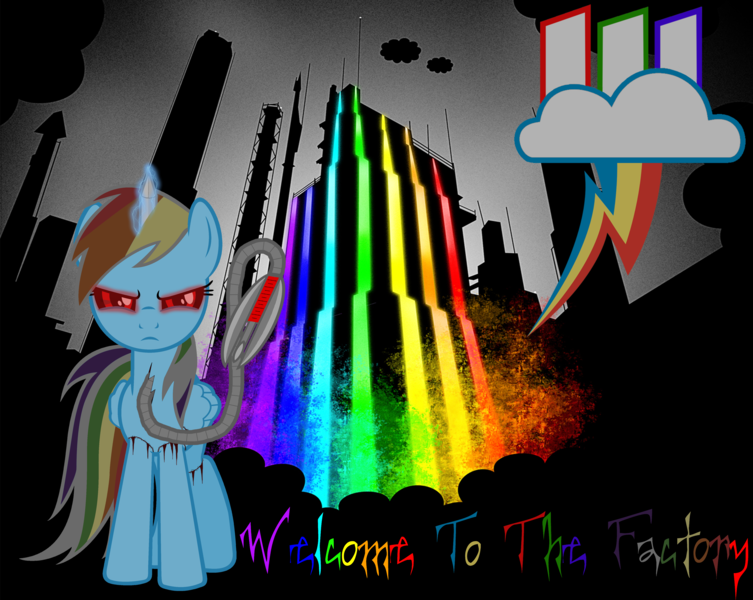 Size: 7249x5779 | Tagged: semi-grimdark, artist:jbm-deviantart, banned from derpibooru, deleted from derpibooru, derpibooru import, rainbow dash, pegasus, pony, fanfic:rainbow factory, .exe, absurd resolution, crack, creepypasta, evil, fanfic art, image, pegasus device, png, rainbow, rainbow factory logo, rainbow water, rainbow.exe, red eyes