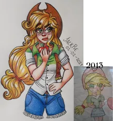 Size: 1620x1737 | Tagged: safe, artist:jack-pie, derpibooru import, applejack, human, 2021 vs, breasts, cutie mark on human, eating, freckles, hand on hip, humanized, image, png, redraw, traditional art