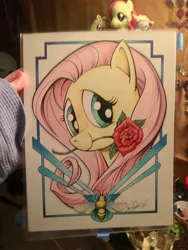 Size: 1536x2048 | Tagged: safe, artist:andypriceart, derpibooru import, derpy hooves, doctor whooves, fluttershy, time turner, bee, insect, pegasus, pony, cute, female, flower, image, jpeg, looking at you, mare, mouth hold, pencil drawing, photo, plushie, rose, shyabetes, traditional art