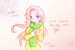 Size: 1000x673 | Tagged: safe, artist:derpiihooves, derpibooru import, fluttershy, human, clothes, faith summers, female, humanized, image, jacket, jpeg, scarf, solo