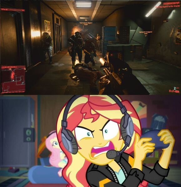 Size: 876x908 | Tagged: safe, artist:brandonale, derpibooru import, edit, edited screencap, screencap, fluttershy, sunset shimmer, human, equestria girls, equestria girls series, game stream, spoiler:eqg series (season 2), angry, comparison, cyberpunk 2077, gamer sunset, image, jpeg, meme, rage, tell me what you need