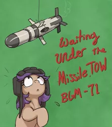 Size: 1325x1500 | Tagged: safe, artist:t72b, derpibooru import, oc, oc:tenk pone, earth pony, pony, christmas, helmet, holiday, image, missile, mistletoe, png, pun, raised hoof, scared, simple background, text, tow missile, visual pun