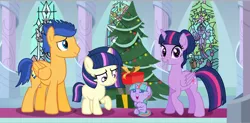 Size: 1280x630 | Tagged: safe, artist:crystalrainbowlife, derpibooru import, flash sentry, twilight sparkle, twilight sparkle (alicorn), oc, oc:fantasy wish, oc:stardust sentry, alicorn, pegasus, pony, base used, christmas, christmas tree, family, female, flashlight, holiday, image, jpeg, male, offspring, parent:flash sentry, parent:twilight sparkle, parents:flashlight, present, shipping, stained glass, straight, tree