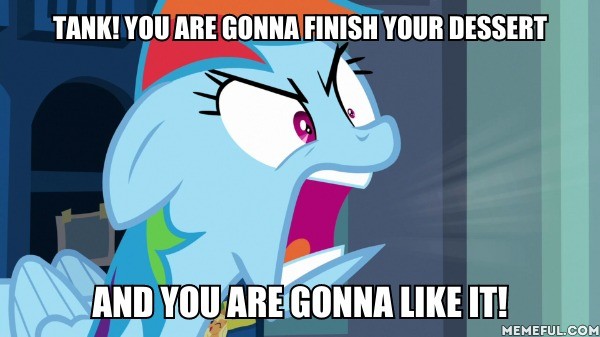 Size: 600x337 | Tagged: safe, derpibooru import, edit, edited screencap, screencap, rainbow dash, pegasus, pony, parental glideance, angry, applejack's hat, caption, cowboy hat, dying for pie, female, hat, image, image macro, implied tank, jpeg, meme, memeful.com, ragebow dash, solo, spongebob squarepants, stop, text, yelling