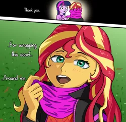 Size: 2059x1989 | Tagged: safe, artist:artiks, derpibooru import, sunset shimmer, twilight sparkle, equestria girls, attack on titan, blushing, clothes, female, image, lesbian, open mouth, png, scarf, shipping, sunsetsparkle, teary eyes