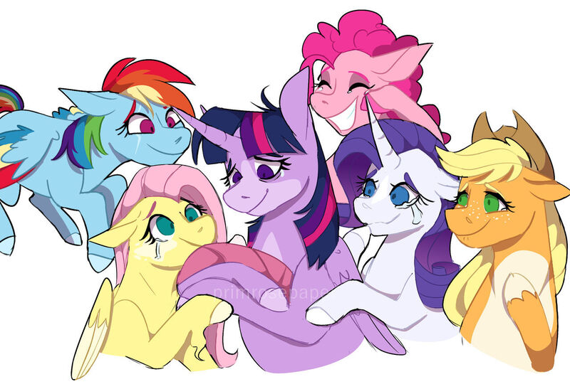 Size: 1280x875 | Tagged: safe, artist:primrosepaper, derpibooru import, applejack, fluttershy, pinkie pie, rainbow dash, rarity, twilight sparkle, twilight sparkle (alicorn), alicorn, earth pony, pegasus, pony, unicorn, appledash, applejack's hat, applepie, appleshy, cowboy hat, crying, eyes closed, female, flarity, flutterdash, flutterpie, freckles, hat, image, jpeg, lesbian, liquid pride, magical lesbian spawn, mane six, multiple parents, offspring, omniship, parent:applejack, parent:fluttershy, parent:pinkie pie, parent:rainbow dash, parent:rarity, parent:twilight sparkle, parents:omniship, pinkiedash, polyamory, raridash, rarijack, rarilight, raripie, shipping, simple background, tears of joy, teeth, twidash, twijack, twinkie, twishy, white background, wiping tears