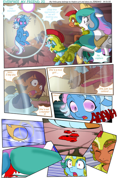 Size: 5086x7741 | Tagged: semi-grimdark, artist:jeremy3, derpibooru import, princess celestia, trixie, oc, oc:miss becky, alicorn, pony, unicorn, comic:everfree, comic:everfree my friend, absurd resolution, blood, cast, comic, crying, female, filly, filly trixie, image, injured, jewelry, jpeg, open mouth, regalia, younger