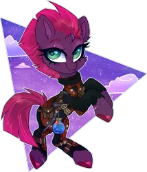 Size: 2521x2948 | Tagged: safe, artist:_spacemonkeyz_, derpibooru import, tempest shadow, pony, unicorn, blade of woe, broken horn, clothes, cloud, colored hooves, dark brotherhood, flower, horn, image, leather armor, magicka potion, png, potion, scar, simple background, sky, skyrim, solo, stars, the elder scrolls, torn clothes, transparent background