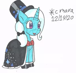 Size: 898x861 | Tagged: safe, artist:cmara, derpibooru import, trixie, pony, unicorn, bowtie, cape, clothes, dignified wear, dress, female, gala dress, hat, hoof shoes, image, jpeg, mare, open mouth, simple background, solo, top hat, traditional art, white background