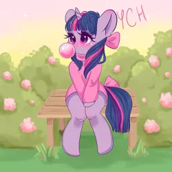 Size: 800x800 | Tagged: safe, artist:valeria_fills, derpibooru import, twilight sparkle, pony, unicorn, bow, bubblegum, clothes, commission, cute, female, food, gum, image, jpeg, mare, shirt, sitting, solo, tail bow, twiabetes, unicorn twilight, ych example, your character here