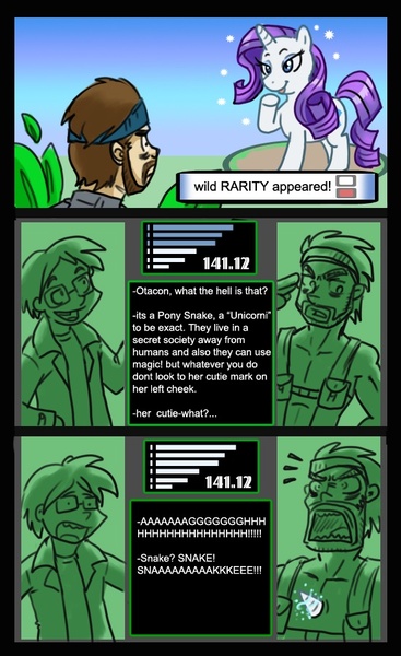 Size: 550x900 | Tagged: semi-grimdark, artist:madmax, derpibooru import, rarity, human, pony, unicorn, comic, crossover, female, horn, horn impalement, human male, image, jpeg, konami, male, mare, metal gear, otacon, pokémon, raised hoof, solid snake, super smash bros.