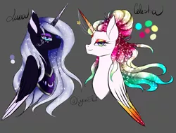 Size: 1707x1300 | Tagged: safe, artist:minelvi, derpibooru import, princess celestia, princess luna, alicorn, pony, alternate design, alternate hairstyle, bedroom eyes, bust, duo, ethereal mane, eyelashes, female, galaxy mane, hair bun, horn, horn jewelry, image, jewelry, makeup, mare, peytral, png, reference sheet, siblings, sisters