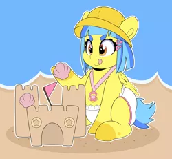 Size: 4000x3673 | Tagged: safe, artist:duckie, derpibooru import, sand dollar, oc, oc:bubble "duckie" bath, bird, duck, duck pony, original species, pegasus, pony, abdl, abstract background, absurd resolution, adult foal, beach, bucket hat, diaper, diaper fetish, eyebrows, eyebrows visible through hair, fetish, hairpin, hat, image, lanyard, png, sandcastle, seashell, shell, simple background, solo, tongue out