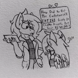 Size: 2244x2244 | Tagged: safe, artist:drheartdoodles, derpibooru import, oc, oc:dr.heart, oc:red, unofficial characters only, anthro, clydesdale, pegasus, pony, clothes, coat, doctor, female, goop, hand on hip, image, jpeg, male, mare, monochrome, nervous, stallion, sweat, traditional art, worried