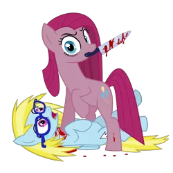 Size: 4688x4688 | Tagged: grimdark, alternate version, artist:damagics, artist:surikat, derpibooru import, pinkie pie, oc, oc:cloud cuddler, earth pony, pegasus, pony, accessories, base used, blood, bloody knife, crying, cutie mark, dying, female, glasses, image, knife, lying down, mouse cursor, on back, open mouth, pain, pinkamena diane pie, png, shocked, simple background, standing, tears of pain, this will end in cupcakes, this will end in death, threatening, transparent background, vector