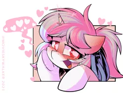 Size: 2160x1641 | Tagged: safe, artist:movieskywalker, derpibooru import, oc, oc:moontrace, unofficial characters only, pony, unicorn, blushing, derpibooru exclusive, female, headband, heart eyes, image, looking at you, multicolored hair, open mouth, png, ponytail, simple background, smiling, solo, white background, white skin, wingding eyes