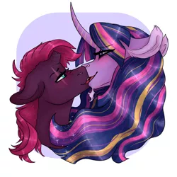 Size: 1280x1280 | Tagged: safe, artist:periwinklechick, derpibooru import, tempest shadow, twilight sparkle, twilight sparkle (alicorn), alicorn, pony, unicorn, broken horn, bust, female, horn, image, jpeg, kissing, lesbian, mare, shipping, tempestlight