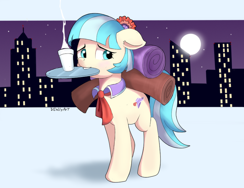 Size: 871x671 | Tagged: safe, artist:vinilyart, derpibooru import, coco pommel, earth pony, pony, city, cityscape, cocobetes, cute, female, floppy ears, image, mare, mouth hold, png, solo