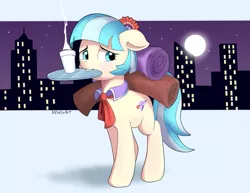Size: 871x671 | Tagged: safe, artist:vinilyart, derpibooru import, coco pommel, earth pony, pony, city, cityscape, cocobetes, cute, female, floppy ears, image, mare, mouth hold, png, solo