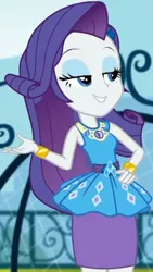 Size: 1157x2045 | Tagged: safe, derpibooru import, screencap, rarity, equestria girls, equestria girls series, sock it to me, spoiler:eqg series (season 2), canterlot high, clothes, cropped, cute, diamond, dress, female, geode of shielding, gold, hand on hip, image, jewelry, jpeg, legs, lidded eyes, magical geodes, necklace, outdoors, raribetes, rarity peplum dress, skirt, sleeveless, smiling, soccer field, sock it to me: rarity, waistband, wrist cuffs