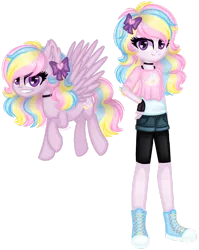 Size: 1280x1611 | Tagged: safe, artist:fantarianna, derpibooru import, pinkie pie, rainbow dash, oc, oc:rainbow pie, unofficial characters only, human, pegasus, pony, equestria girls, bow, choker, clothes, converse, duo, equestria girls-ified, eyelashes, female, fingerless gloves, flying, fusion, gloves, grin, hair bow, hand on hip, human and pony, human ponidox, image, magical lesbian spawn, offspring, parent:pinkie pie, parent:rainbow dash, parents:pinkiedash, pegasus oc, png, self ponidox, shoes, shorts, simple background, smiling, sneakers, solo, transparent background, wings